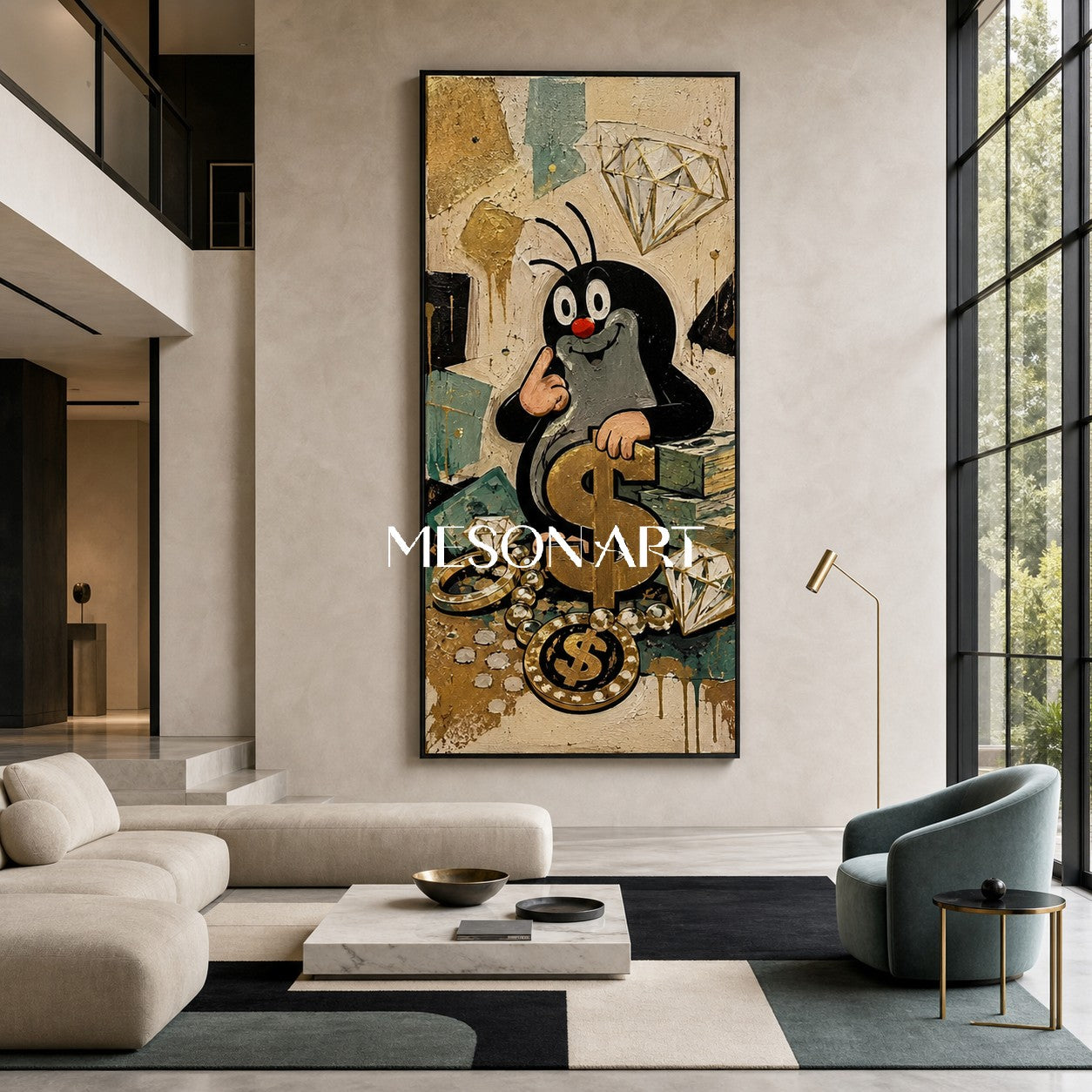 Cartoon Mole Graffiti Art With Gold Dollar Signs For Modern Living Room Decor