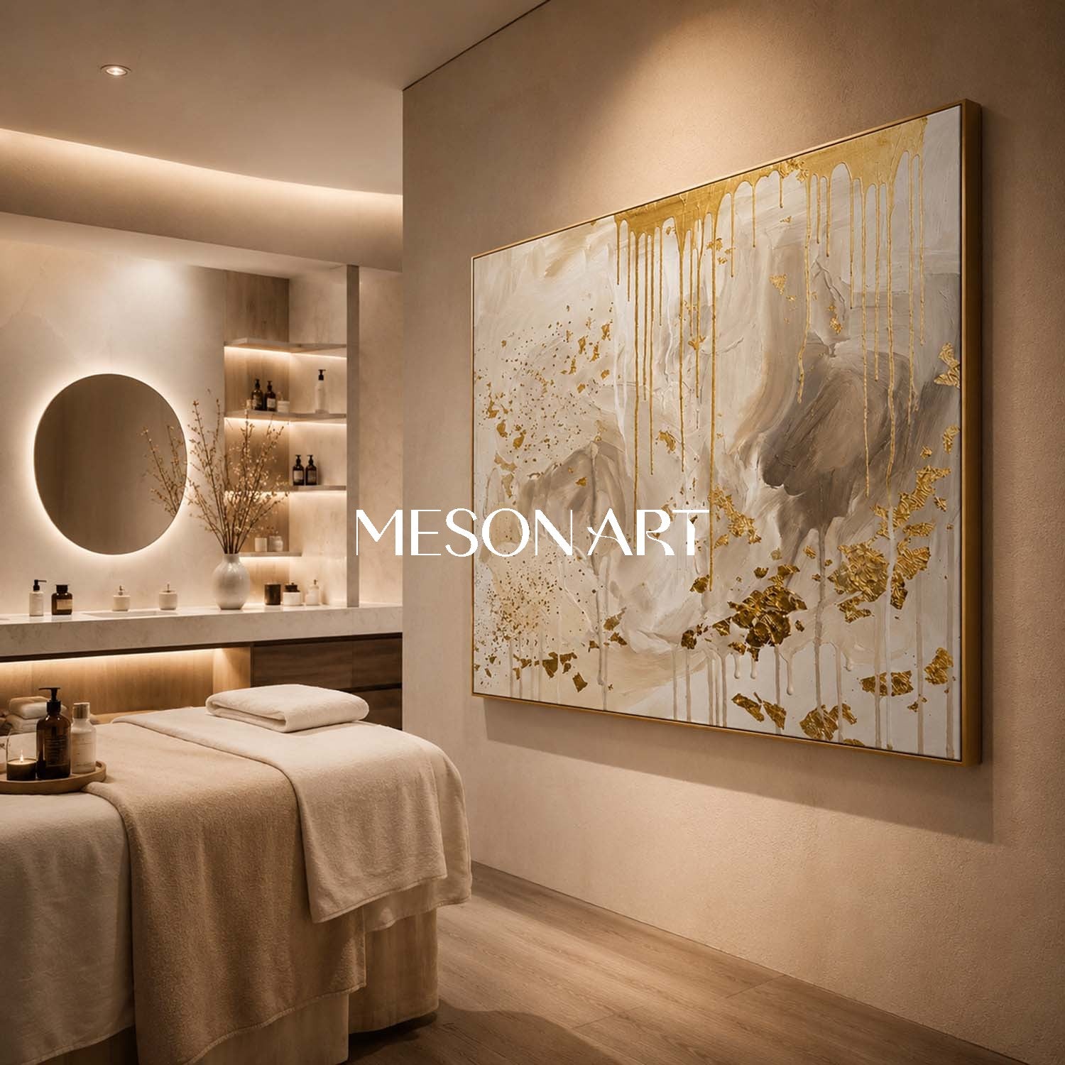 Luxury Gold Leaf Abstract Art With Cream Neutral Tones For Modern Living Room Decor
