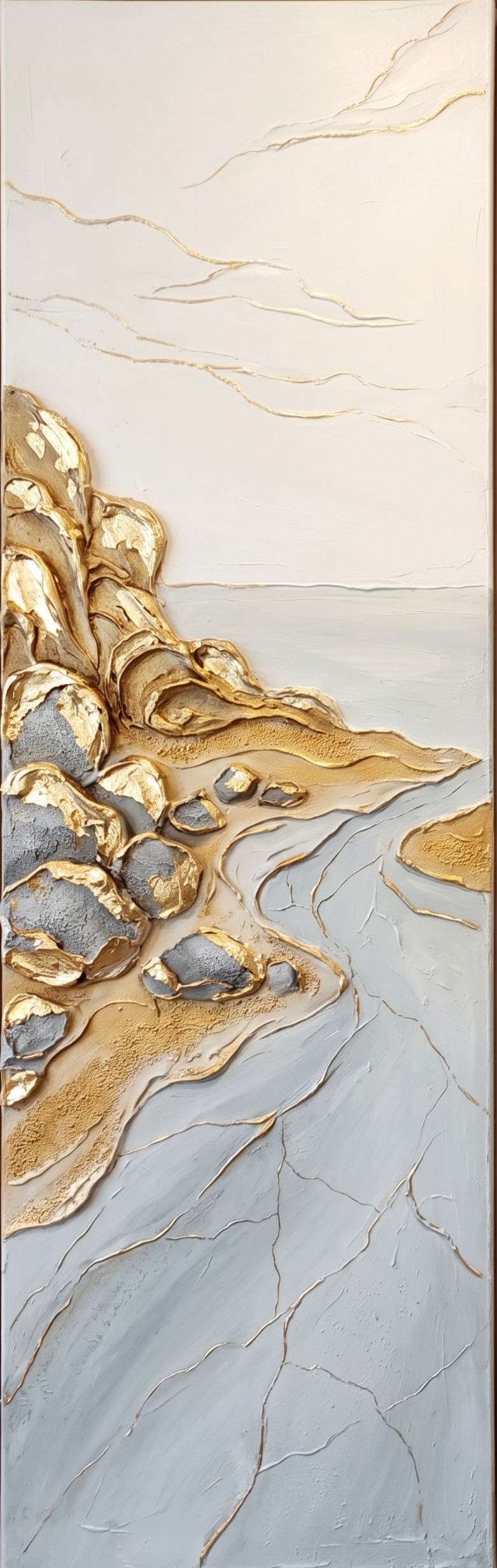 Großes, abstraktes Wandbild mit strukturierter Oberfläche in Gold und Blau – Meeresmotiv für die moderne Wohnzimmer- und Eingangsbereichsdekoration
