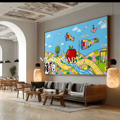 Whimsical Surrealist Painting For Kids Room With Colorful Animals And Dreams