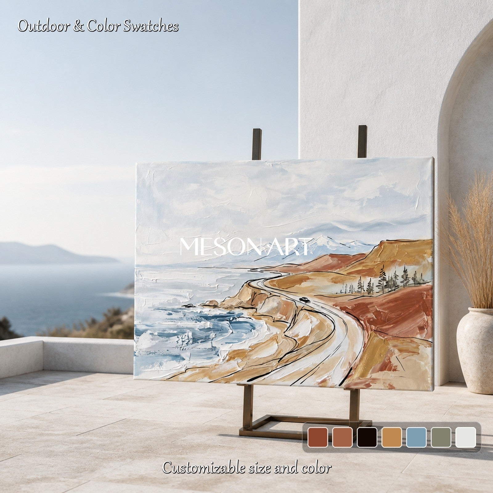 Blue And Brown Mountain Landscape Painting Modern Textured Art Rectangular Wall Decor For Living Room By Mesonart