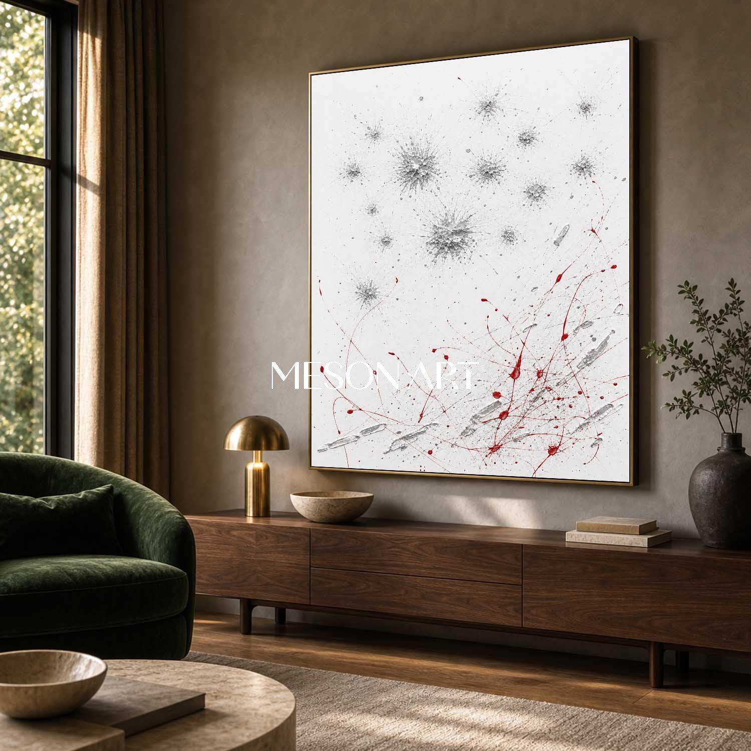 Original Silver Red Pollock Style Oil Painting On Linen Canvas For Modern Living Room Decor