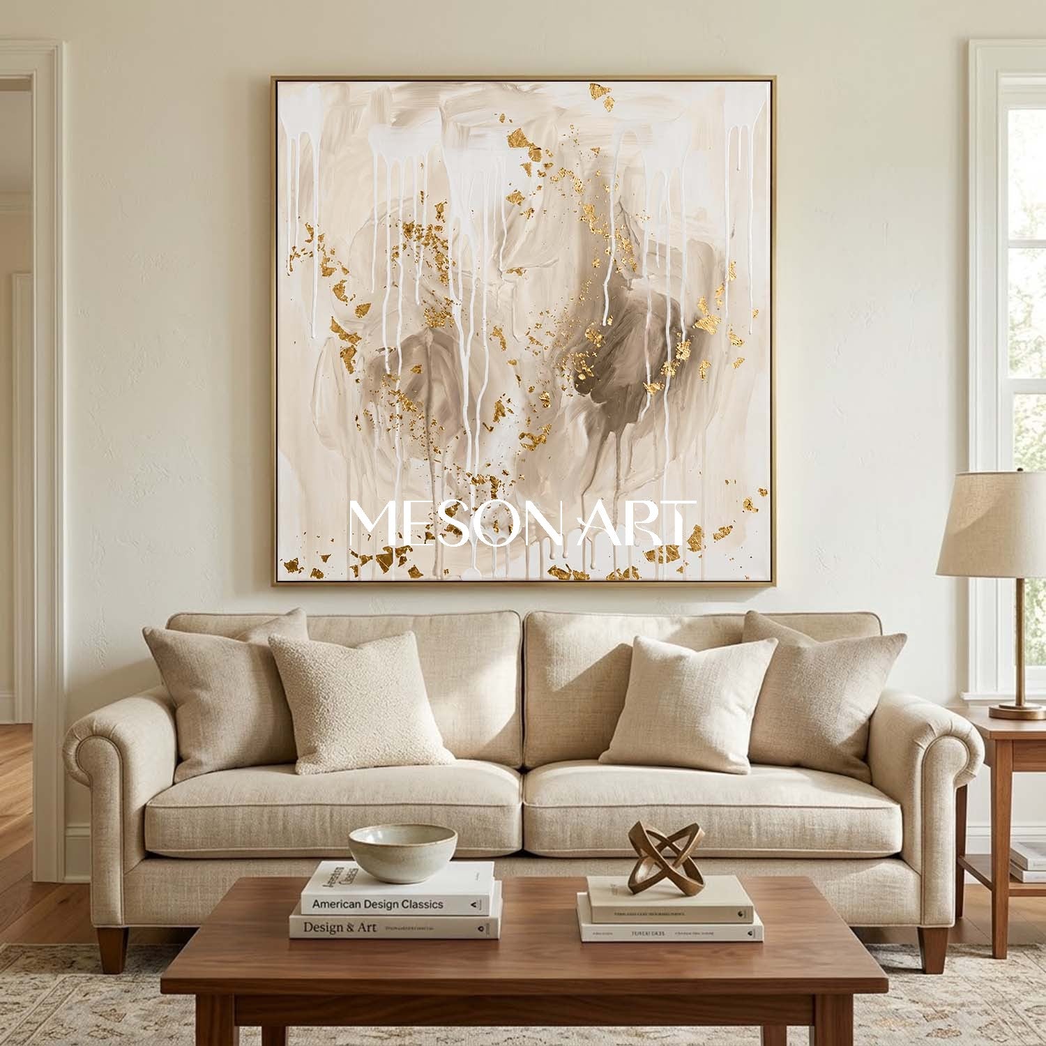 Gilded Abstract Painting With Gold Leaf For Elegant Living Room Decor