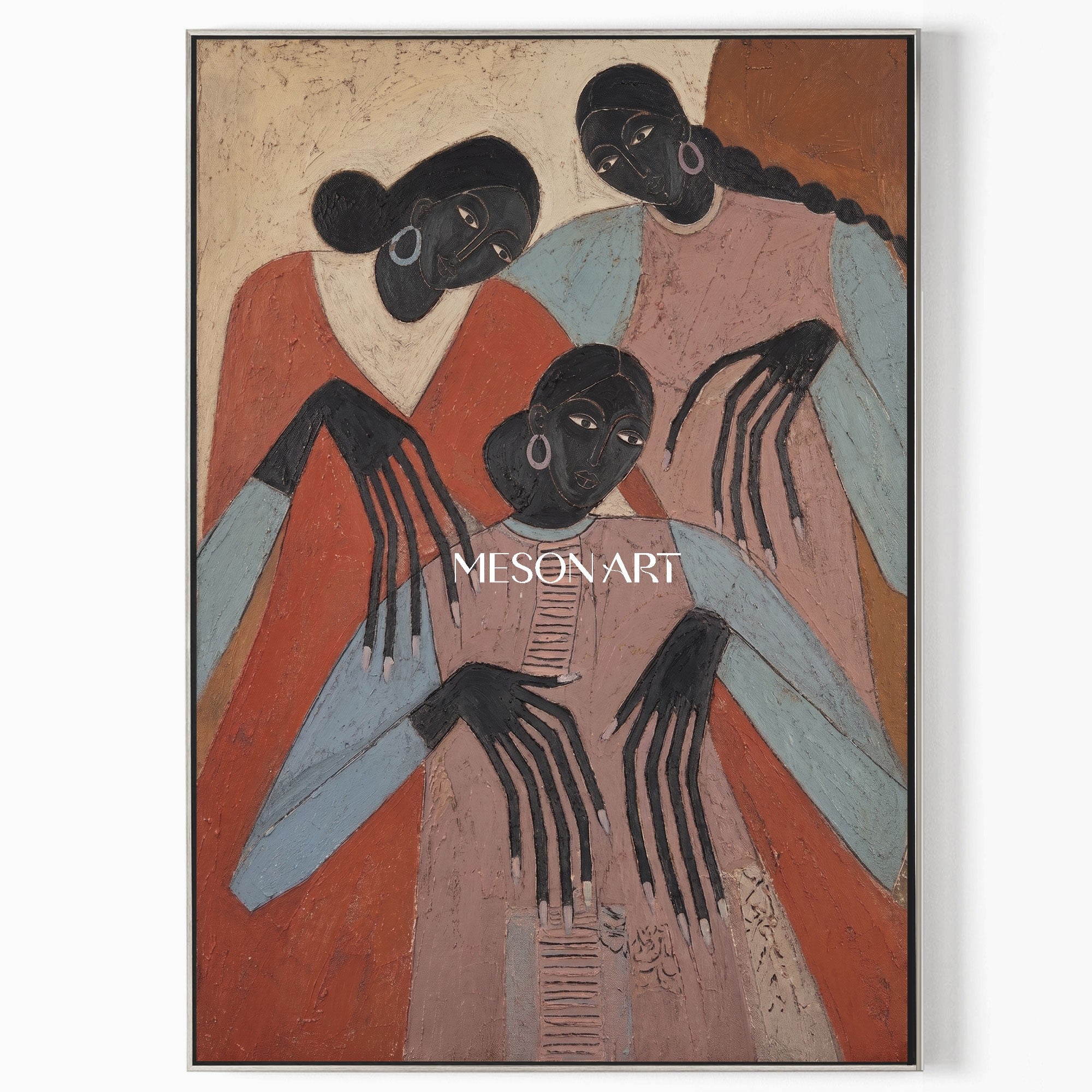Original Expressionist Art Painting With Primitive Figures For Modern Living Room Decor