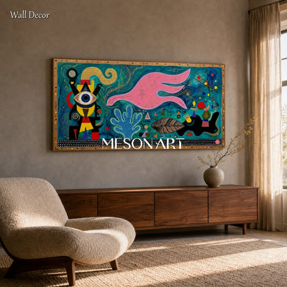 Vibrant Surrealist Abstract Painting With Cosmic Blue And Pink For Modern Living Room Decor
