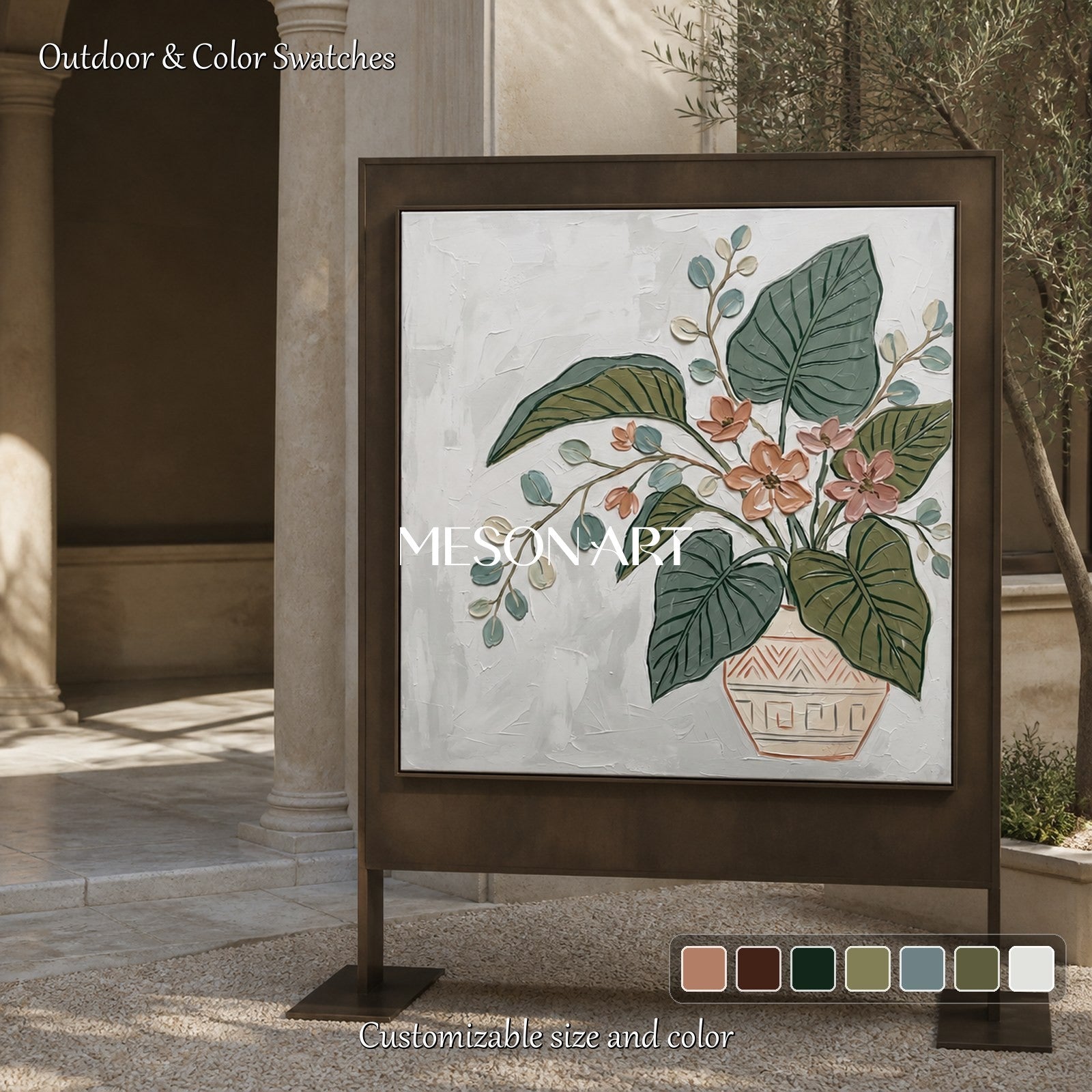 Green And Pink Botanical Floral Painting Modern Textured Square Wall Art Original Artist By Mesonart