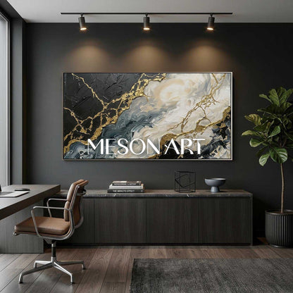 Gilded Tides Abstract Plaster Art With Gold Veins For Modern Living Room Decor