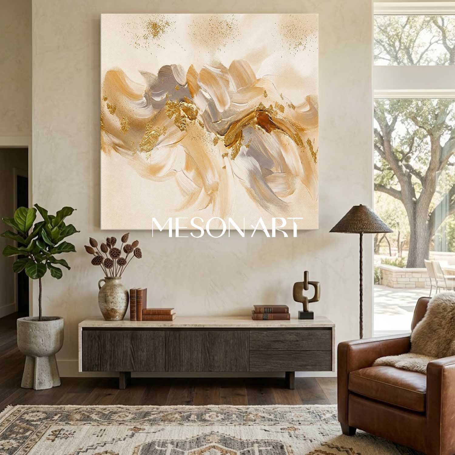 Luxury Abstract Gold Leaf Painting Beige Neutral Modern Art For Living Room