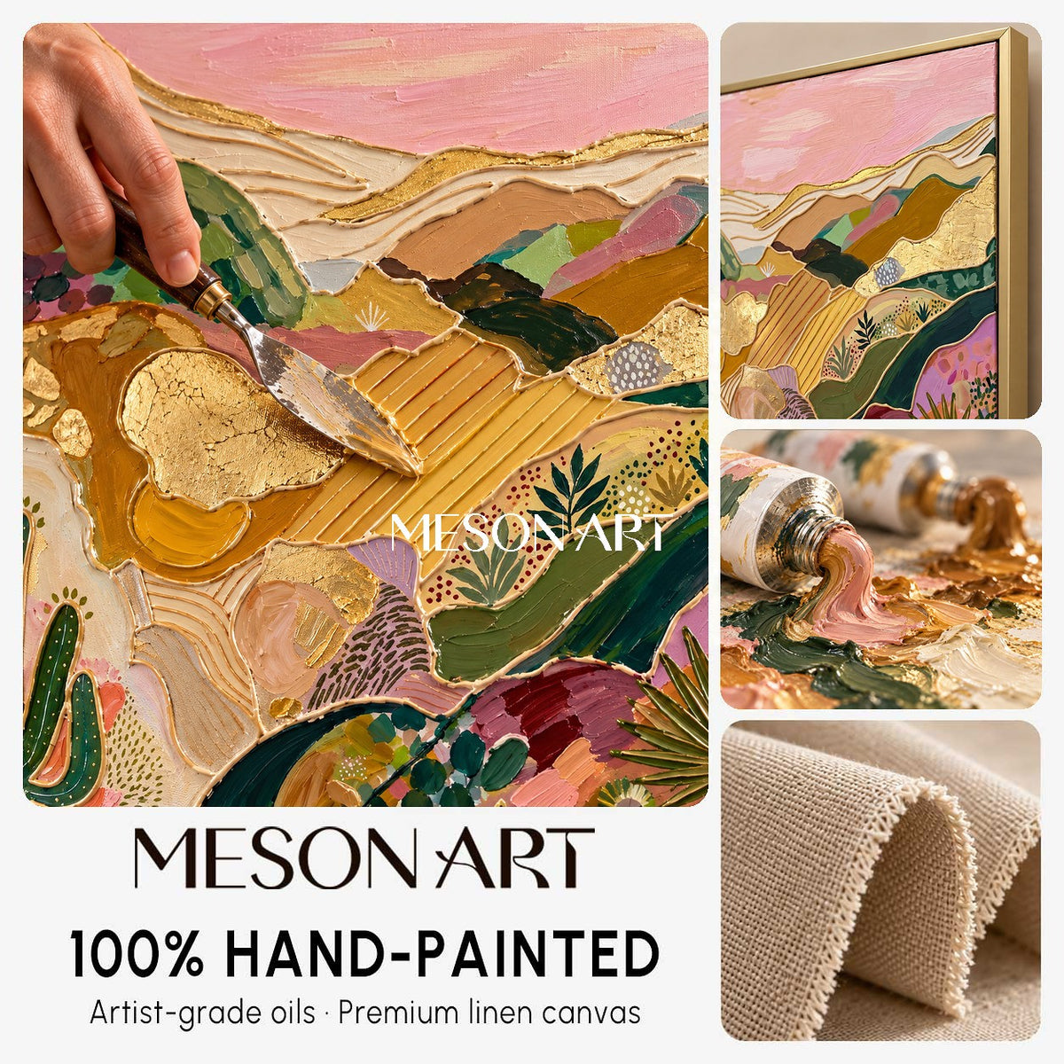 Pink And Gold Abstract Landscape Textured Painting Square Wall Art Modern Bohemian Original Artist By Mesonart