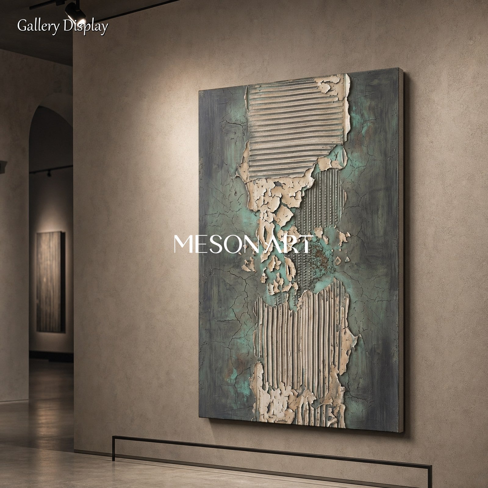 Green And Gray Textured Plaster Art With Geometric Relief For Modern Home Decor