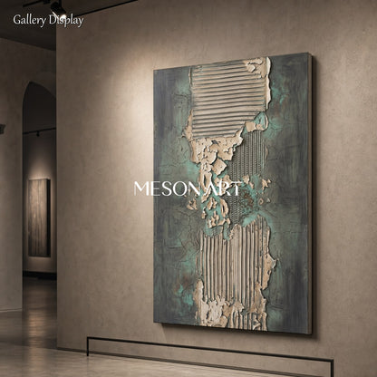 Green And Gray Textured Plaster Art With Geometric Relief For Modern Home Decor