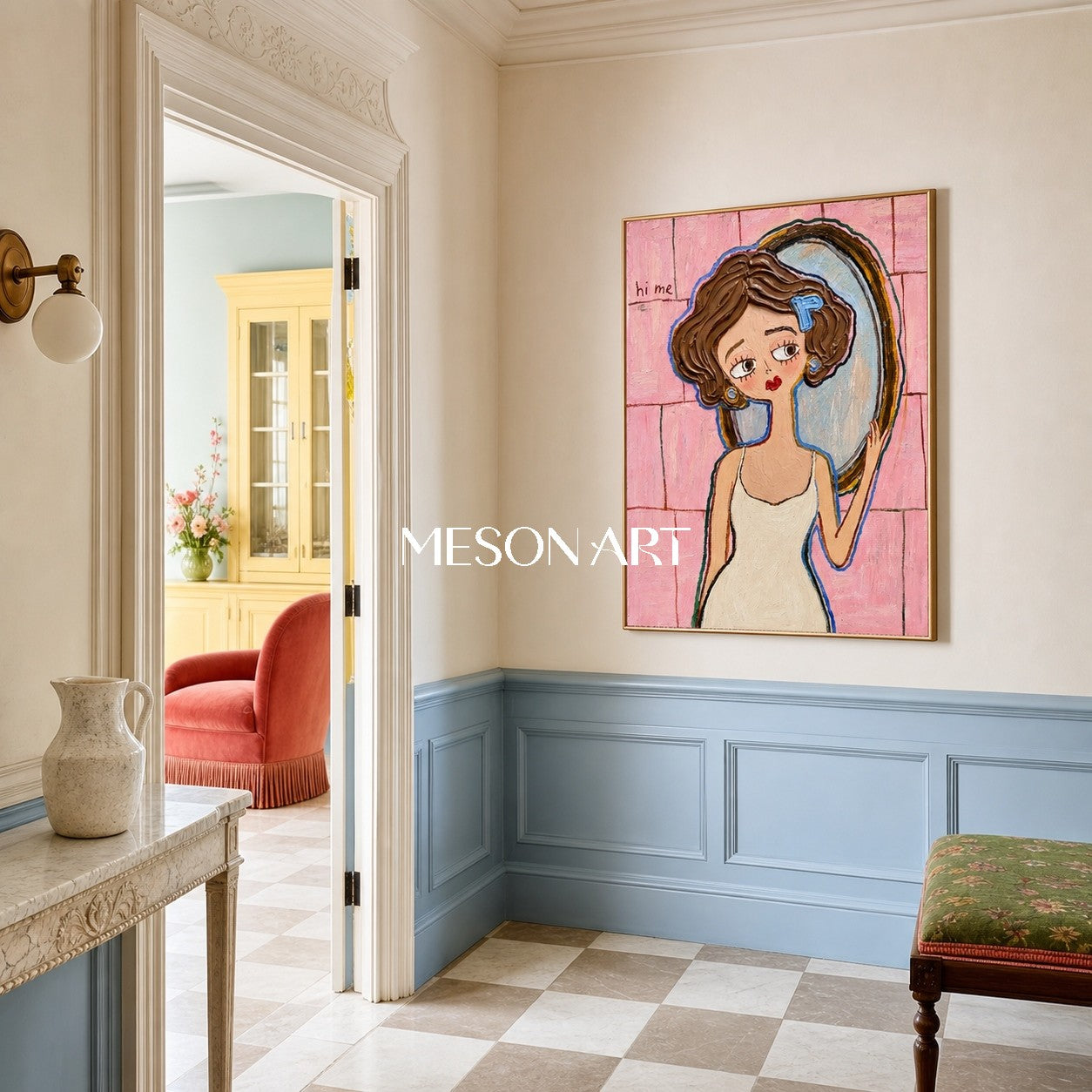 Ritratto in stile Pop Art dai colori vivaci con sfondo rosa a texture, ideale per l'arredamento di una camera da letto moderna