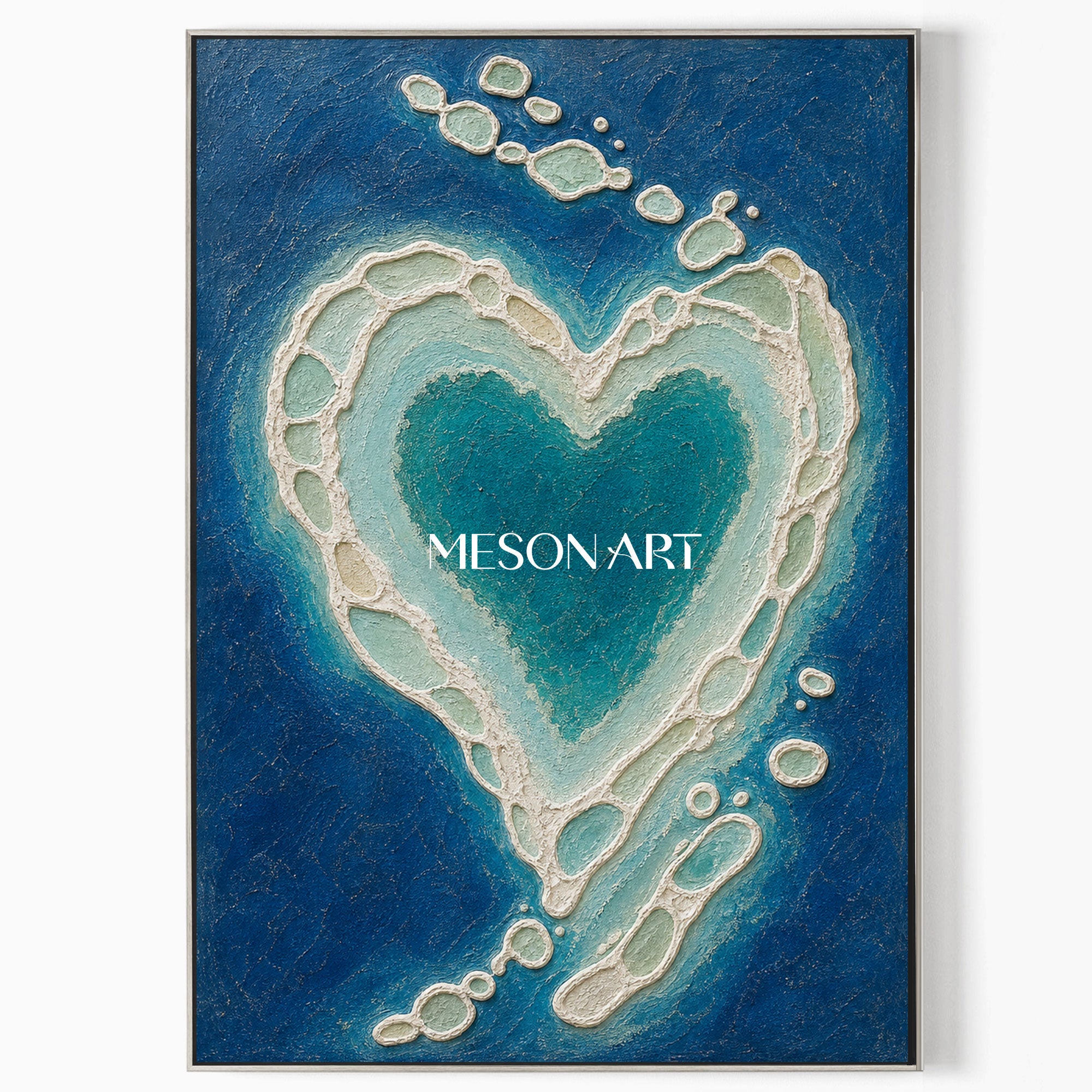 Turquoise Heart Abstract Painting With Plaster Texture For Romantic Bedroom Wall Art