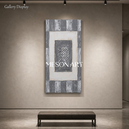 Gray And White Abstract Geometric Painting With Rich Textured Relief For Modern Living Room Decor