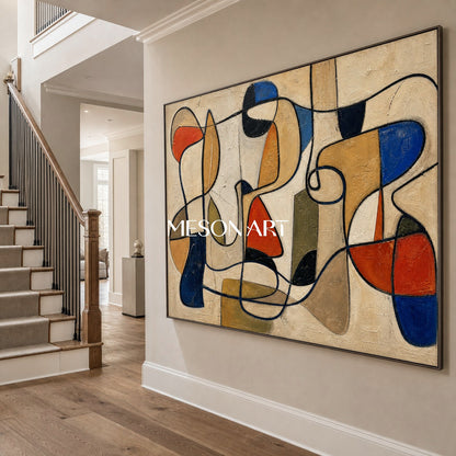 Pittura astratta colorata su tela di lino con cornice in legno per la decorazione del soggiorno