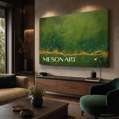 Green And Gold Abstract Painting With Textured Relief For Modern Living Room Decor
