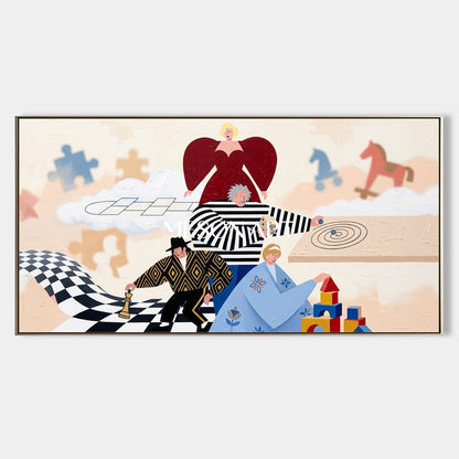 Abstract Art Deco Painting With Surreal Figures For Modern Living Room Decor