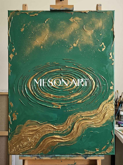 Luxury Emerald Green And Gold Art Deco Painting With Textured Relief For Modern Living Room Decor