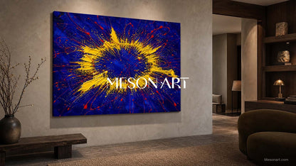 Blue Yellow Abstract Explosion Painting Original Art For Modern Living Room Entryway Decor