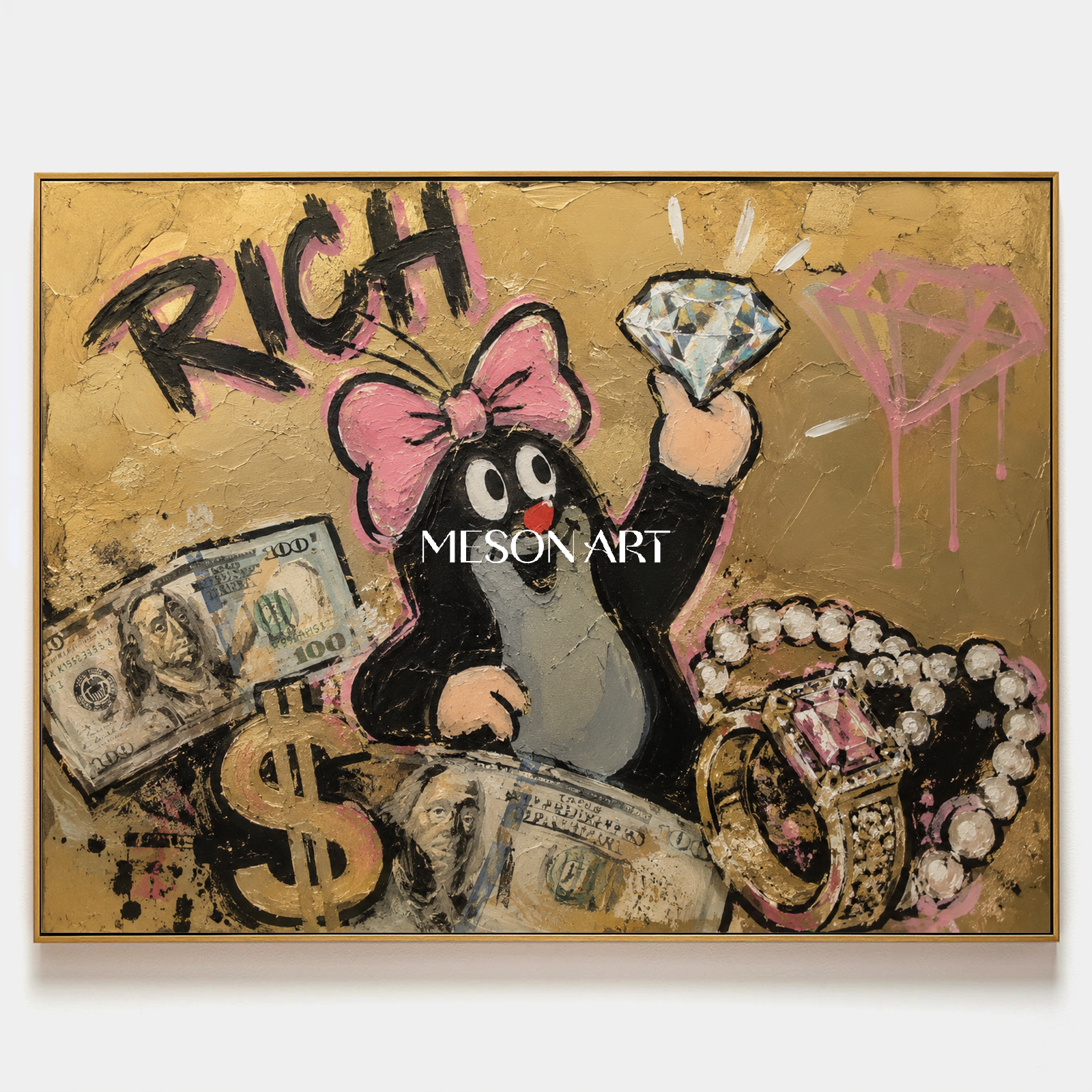 Luxury Graffiti Pop Art Painting With Gold And Pink For Modern Living Room Decor