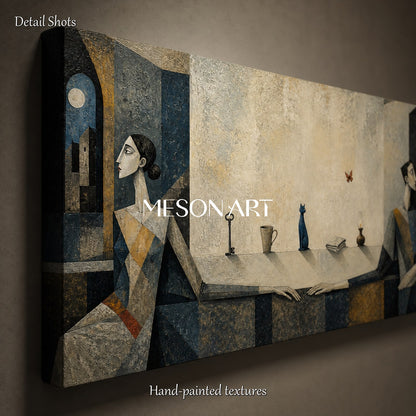 Beige And Blue Surreal Cubist Panoramic Art Geometric Couple Cat Modern Expressionism Textured Canvas Wall Decor For Living Room By Mesonart