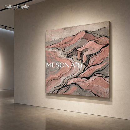 Pink Abstract Mountain Art For Modern Living Room And Bedroom Decor With Gold Frame