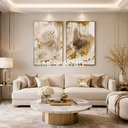 Luxury Gold Leaf Abstract Diptych Painting With Textured Beige Tones For Modern Living Room Decor