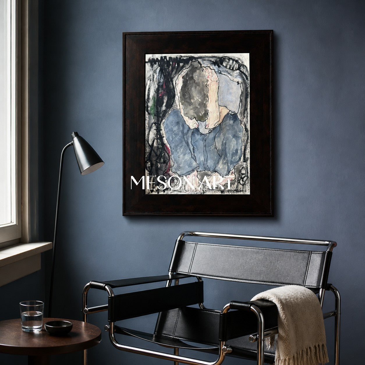Blue And Black Figurative Portrait Painting Contemporary Original Artwork Rectangular Wall Art By Mesonart