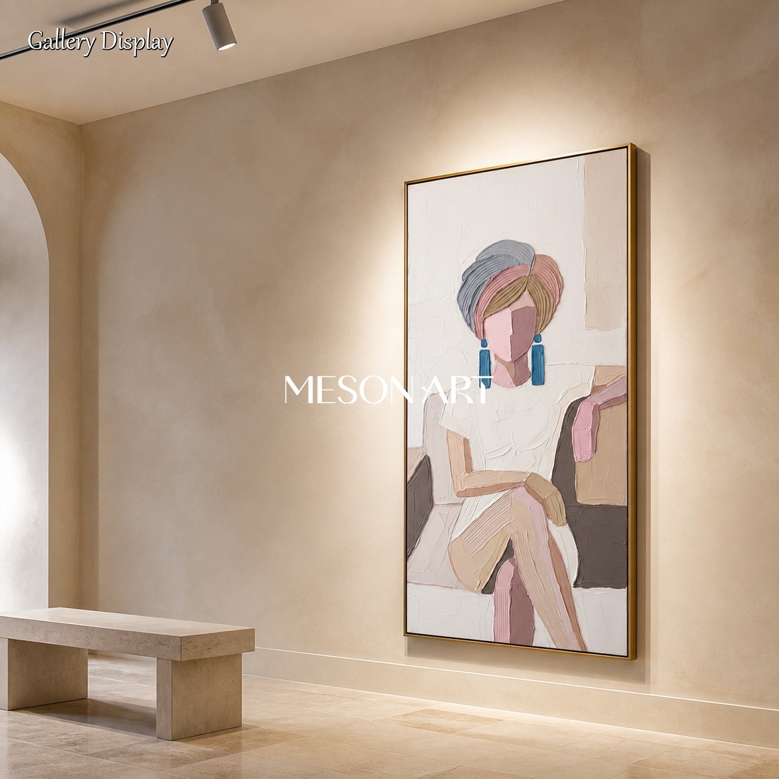 Beige And Pink Abstract Portrait Panoramic Textured Painting Original Artist Hand Painted Contemporary Art By Mesonart