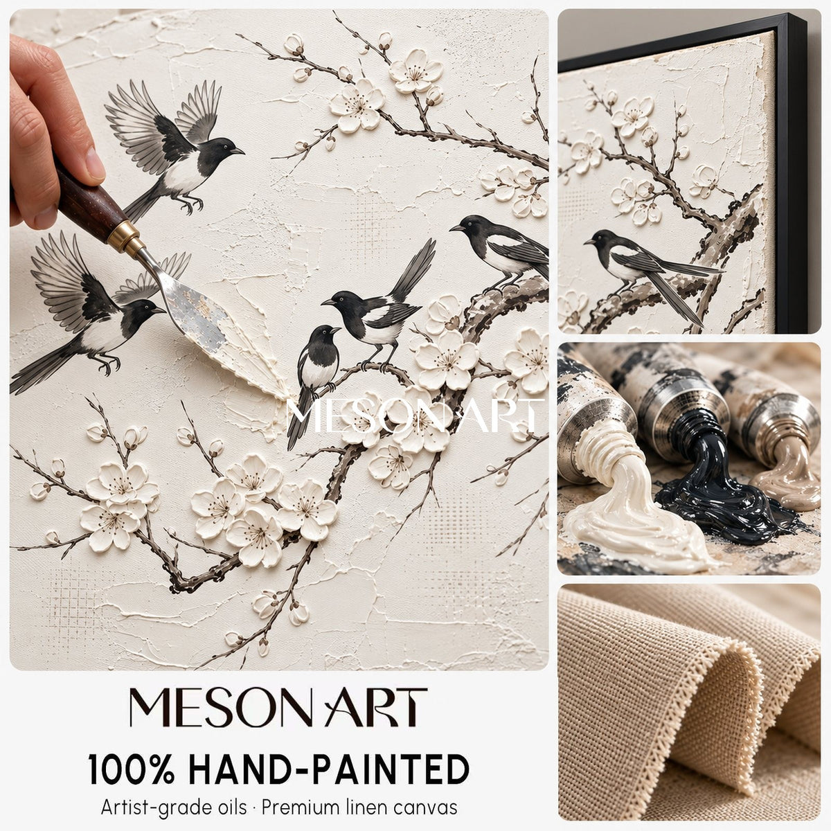 White And Black Magpie Plum Blossom Painting Rectangular Wall Art Original Artist Hand Painted By Mesonart