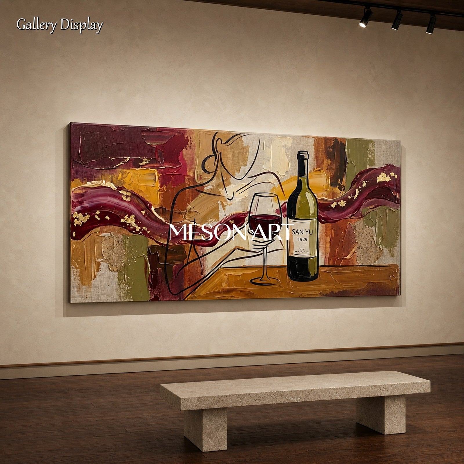 Red And Brown Contemporary Figurative Wine Painting Panoramic Original Artwork By Mesonart