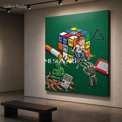 Green And Yellow Surrealist Painting Contemporary Art Rectangular Wall Decor For Living Room By Mesonart