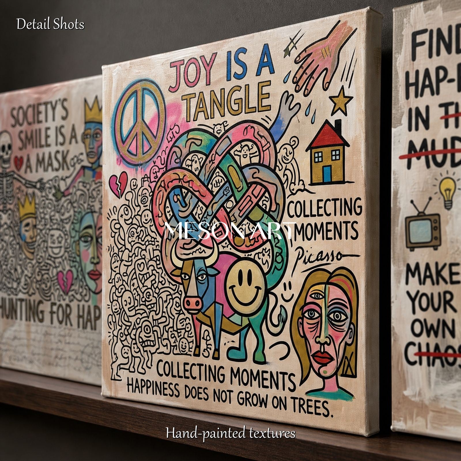 Vibrant Abstract Pop Art Triptych With Text For Modern Living Room Wall Decor