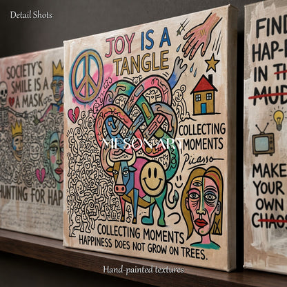 Vibrant Abstract Pop Art Triptych With Text For Modern Living Room Wall Decor