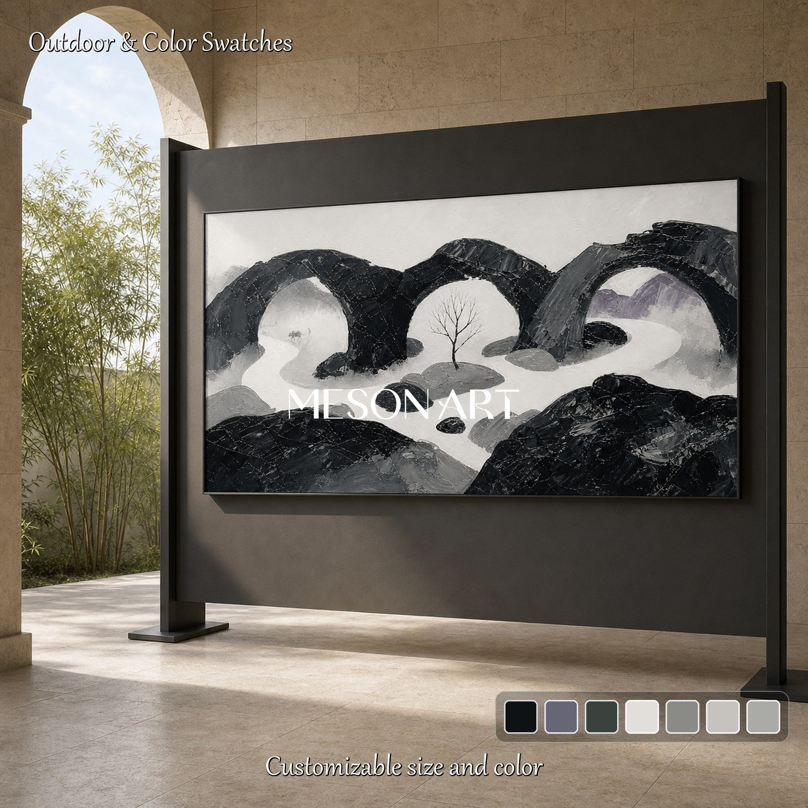 Art Deco Black And White Abstract Landscape Painting With Textured Relief For Living Room And Office