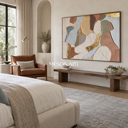 Beige And Gold Abstract Textured Organic Minimal Modern Rectangular Wall Art For Living Room By Mesonart
