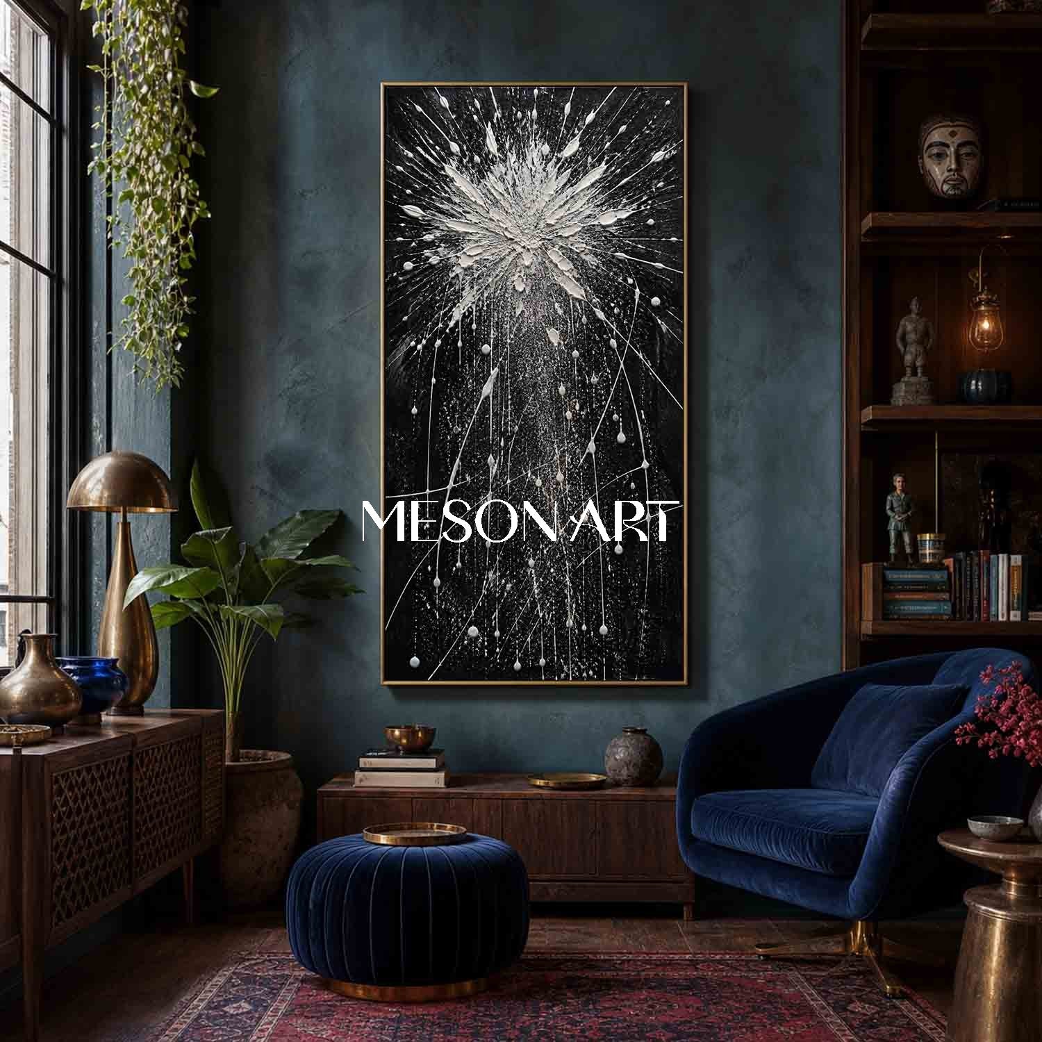 Large Black And White Abstract Painting With Textured Relief For Modern Living Room Decor