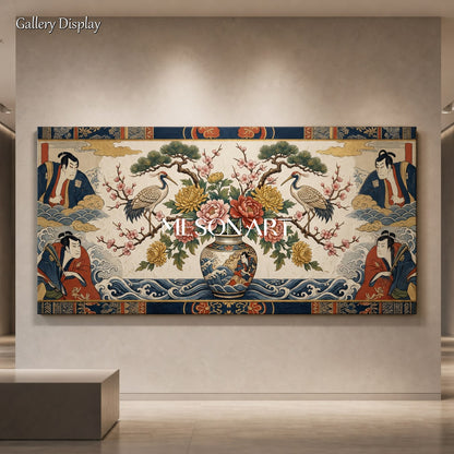 Japanese Ukiyo-E Canvas Art With Cranes And Flowers For Living Room Decor