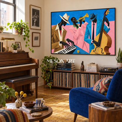 Blue And Pink Pop Art Jazz Painting Original Artist Hand Painted Musical Geometric Rectangular Wall Decor By Mesonart