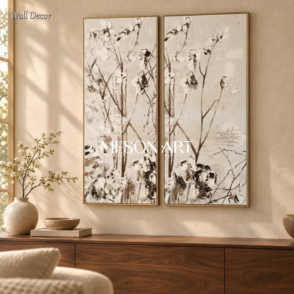 Beige And Black Abstract Floral Art Rectangular Original Artist Hand Painted Textured Wall Decor For Living Room By Mesonart