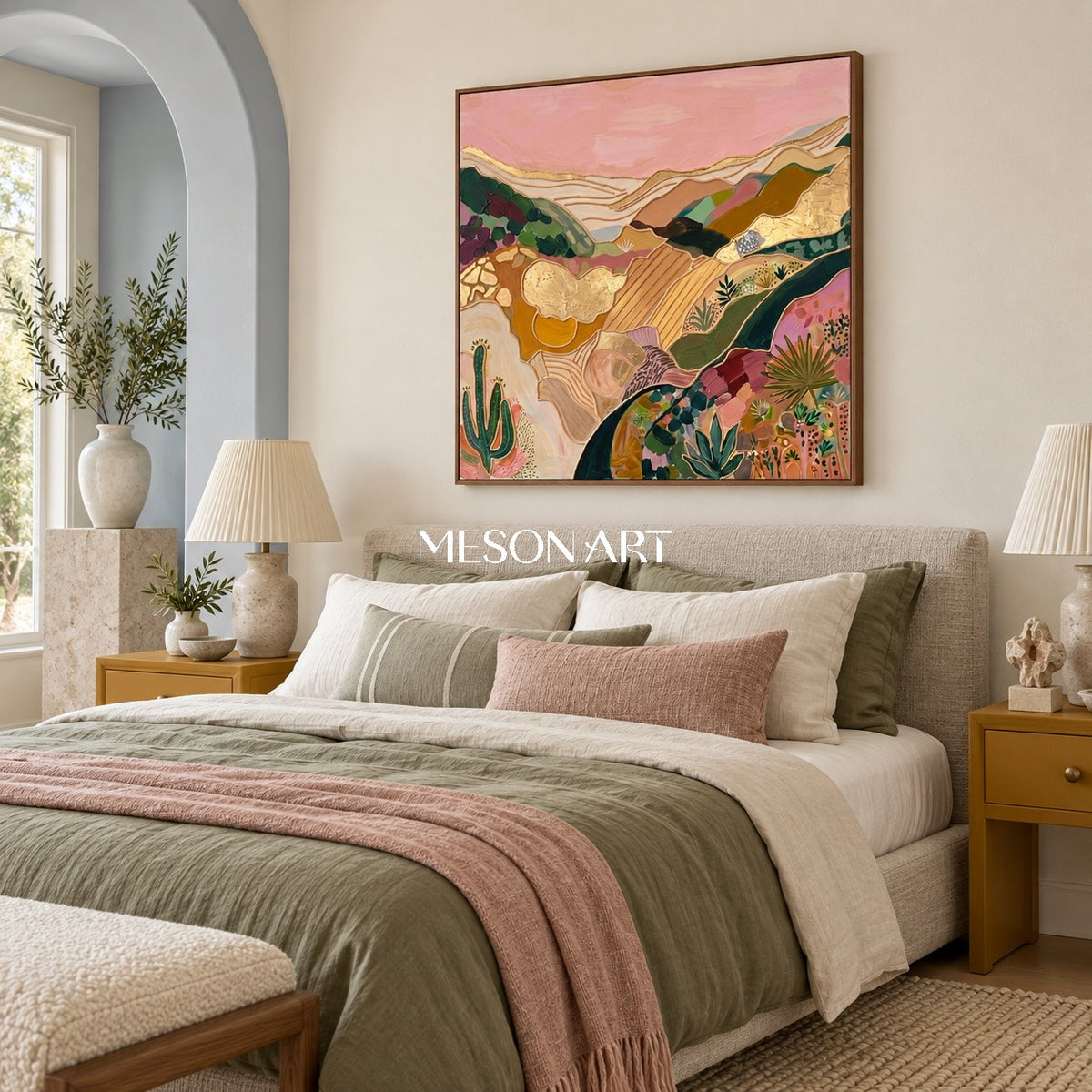 Pink And Gold Abstract Landscape Textured Painting Square Wall Art Modern Bohemian Original Artist By Mesonart