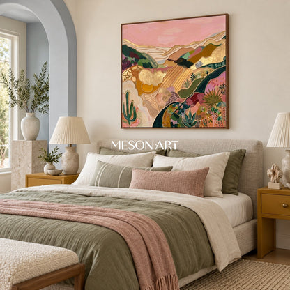 Pink And Gold Abstract Landscape Textured Painting Square Wall Art Modern Bohemian Original Artist By Mesonart
