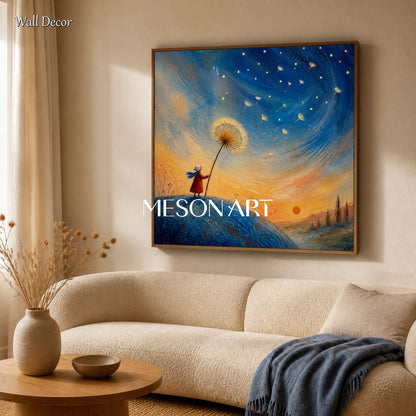 Blue And Gold Painting Whimsical Fantasy Dandelion Girl Starry Sunset Storybook Square Wall Art For Bedroom By Mesonart