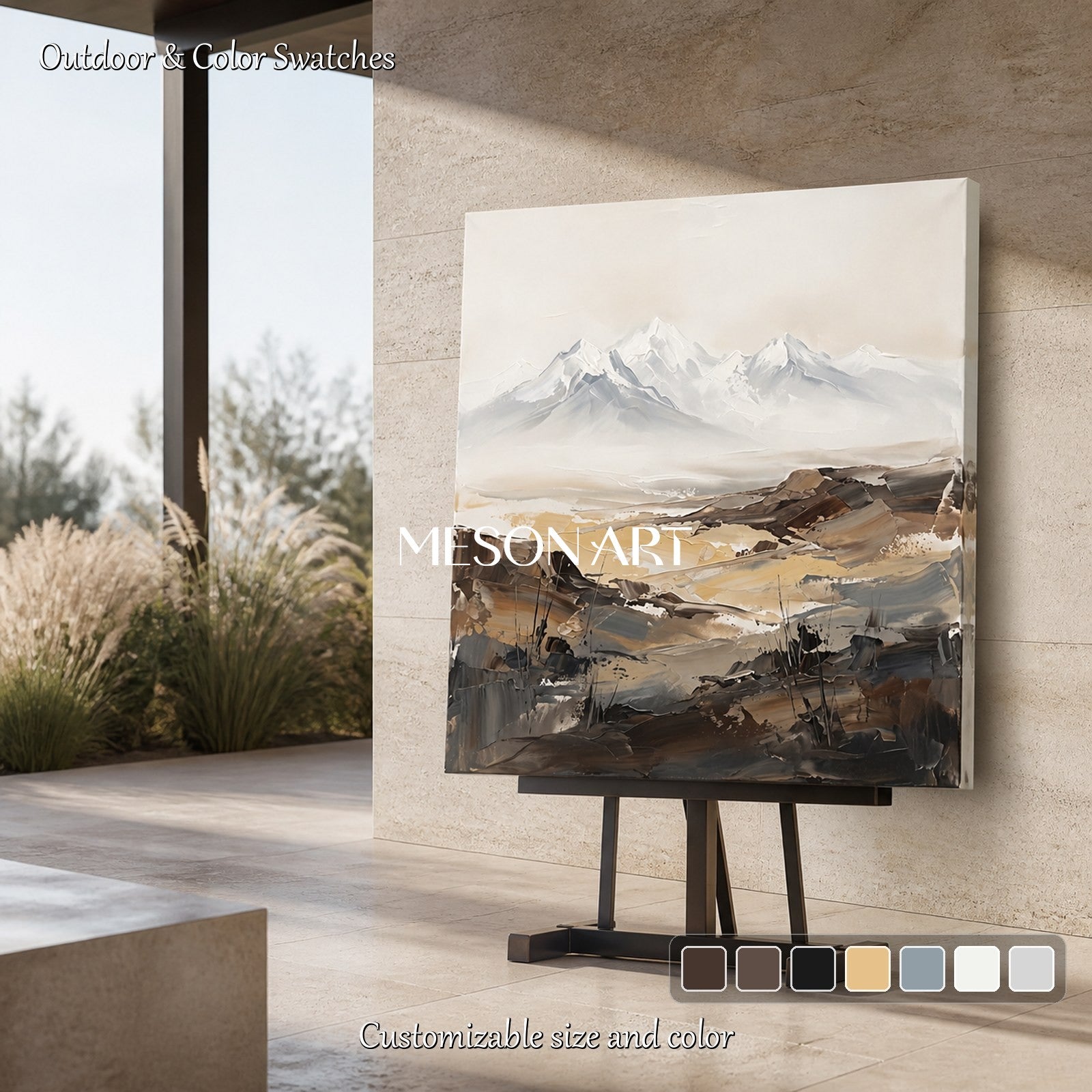 Beige And Black Abstract Painting Square Wall Art For Living Room By Mesonart