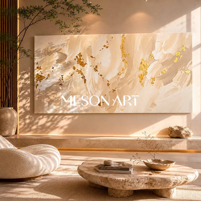 Luxury Minimalist Abstract Art With Gold Leaf Accents For Modern Living Room Decor