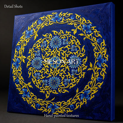 Blue And Gold Islamic Geometric Art Original Painting Square Wall Decor By Mesonart