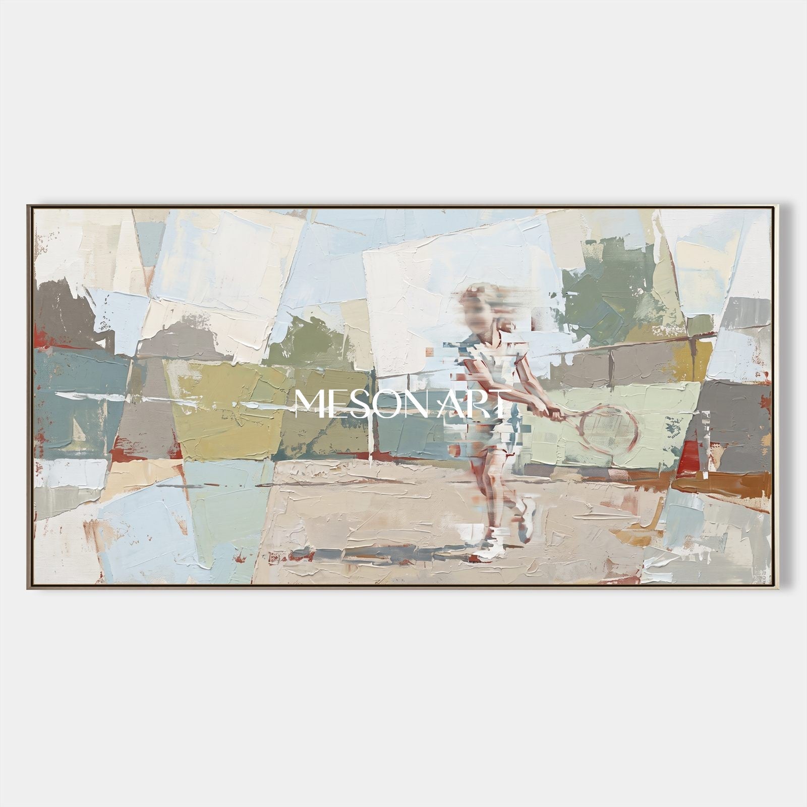 Beige And Blue Abstract Figurative Painting Contemporary Children At Play Panoramic Wall Art By Mesonart