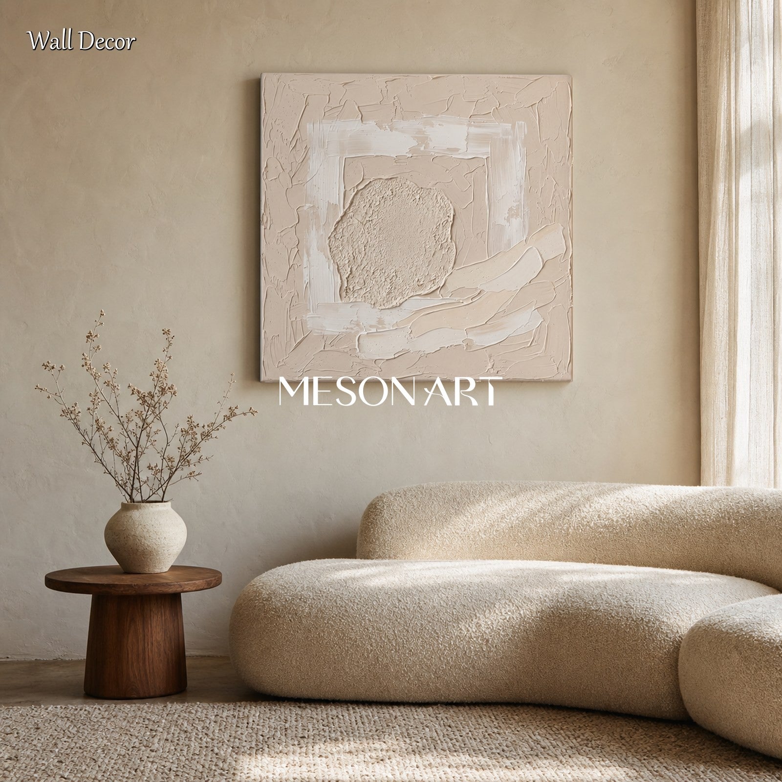 Minimalist Textured Abstract Art In Beige And White For Modern Home Decor