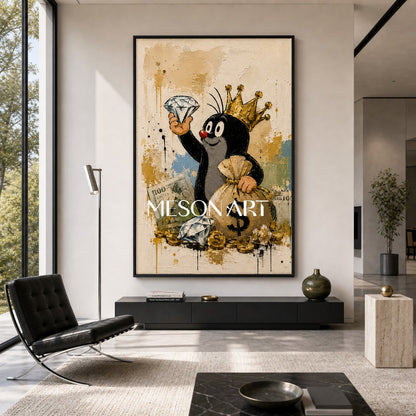 Crowned Mole Pop Art Painting With Gold Coins And Diamonds For Modern Living Room Decor