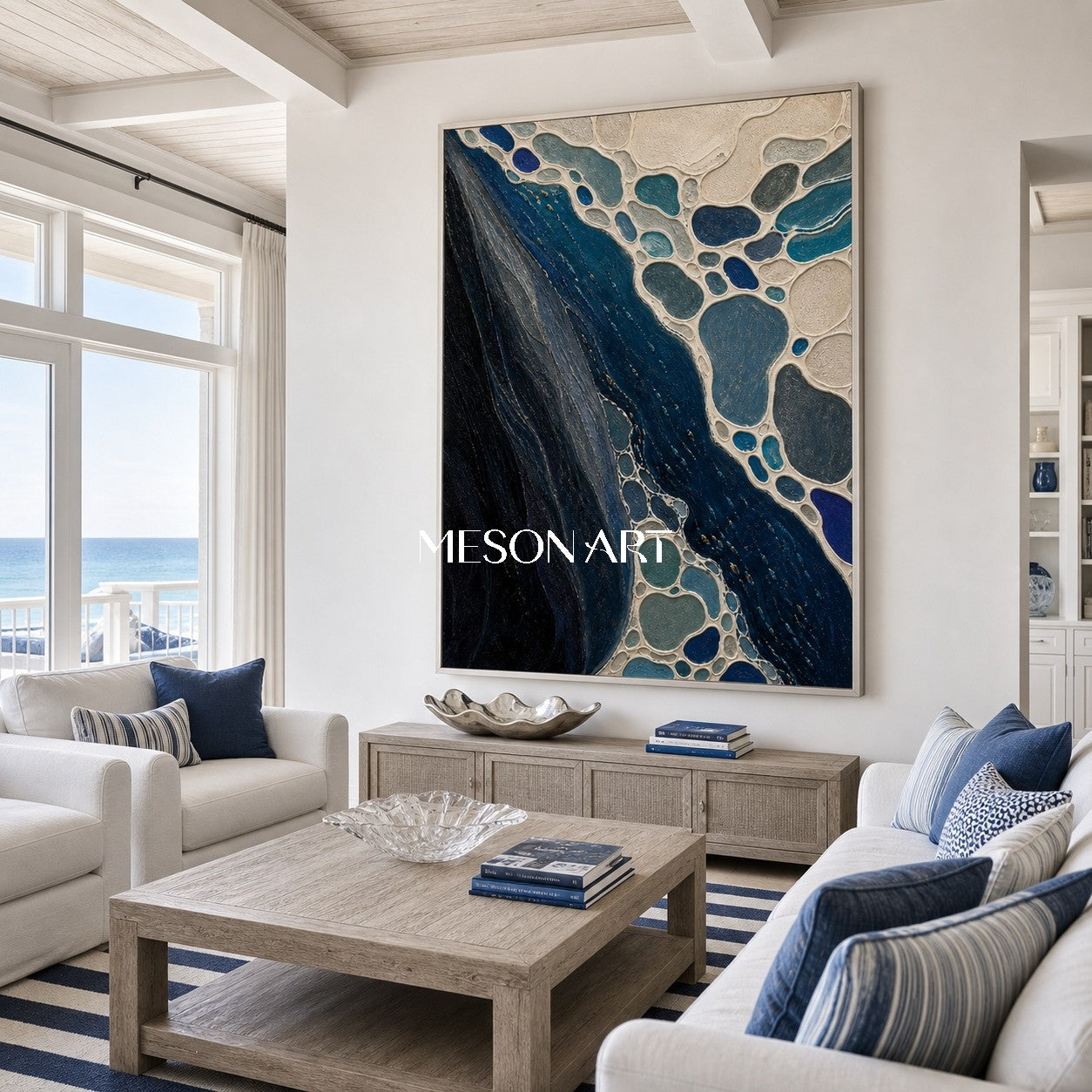 Deep Ocean Abstract Painting With Sculptural Texture For Modern Living Room Decor